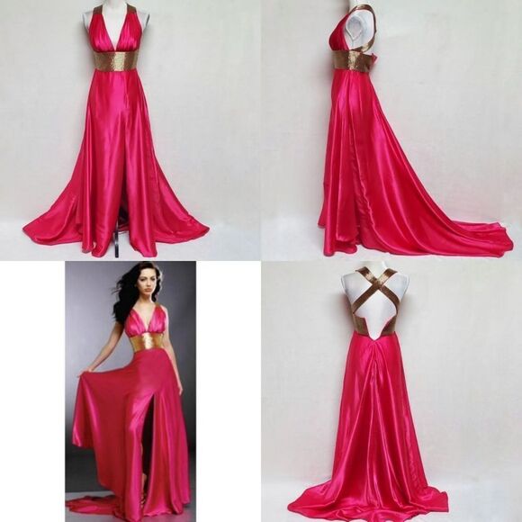 Jovani Fuschia Pink Satin Gold Beaded Grecian Style Racerback Slit Front Dress 0 - Picture 1 of 14